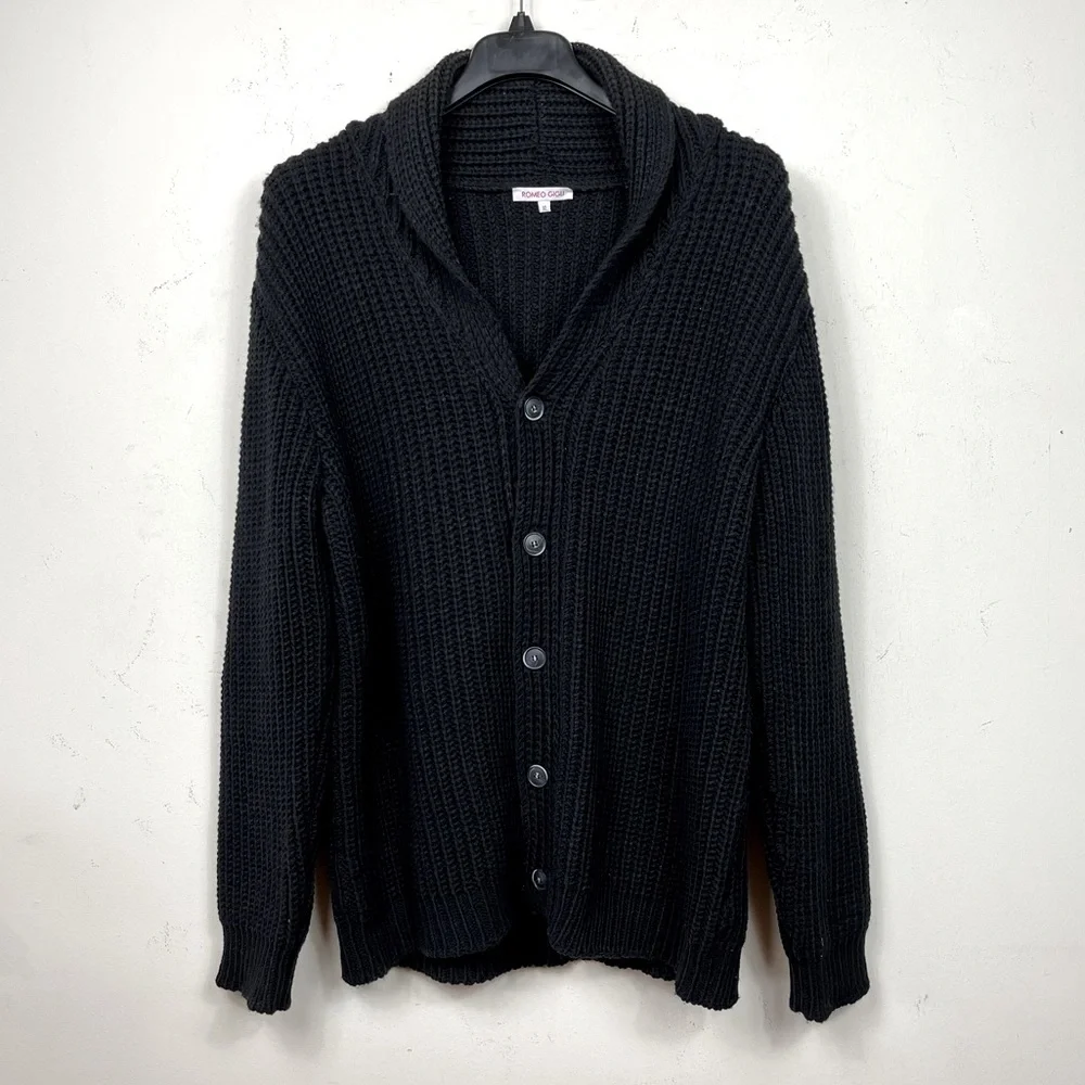 ROMEO GIGLI Wool Black Chunky Knit Slouchy Shawl Collar Cardigan Sweater XL - Picture 3 of 7